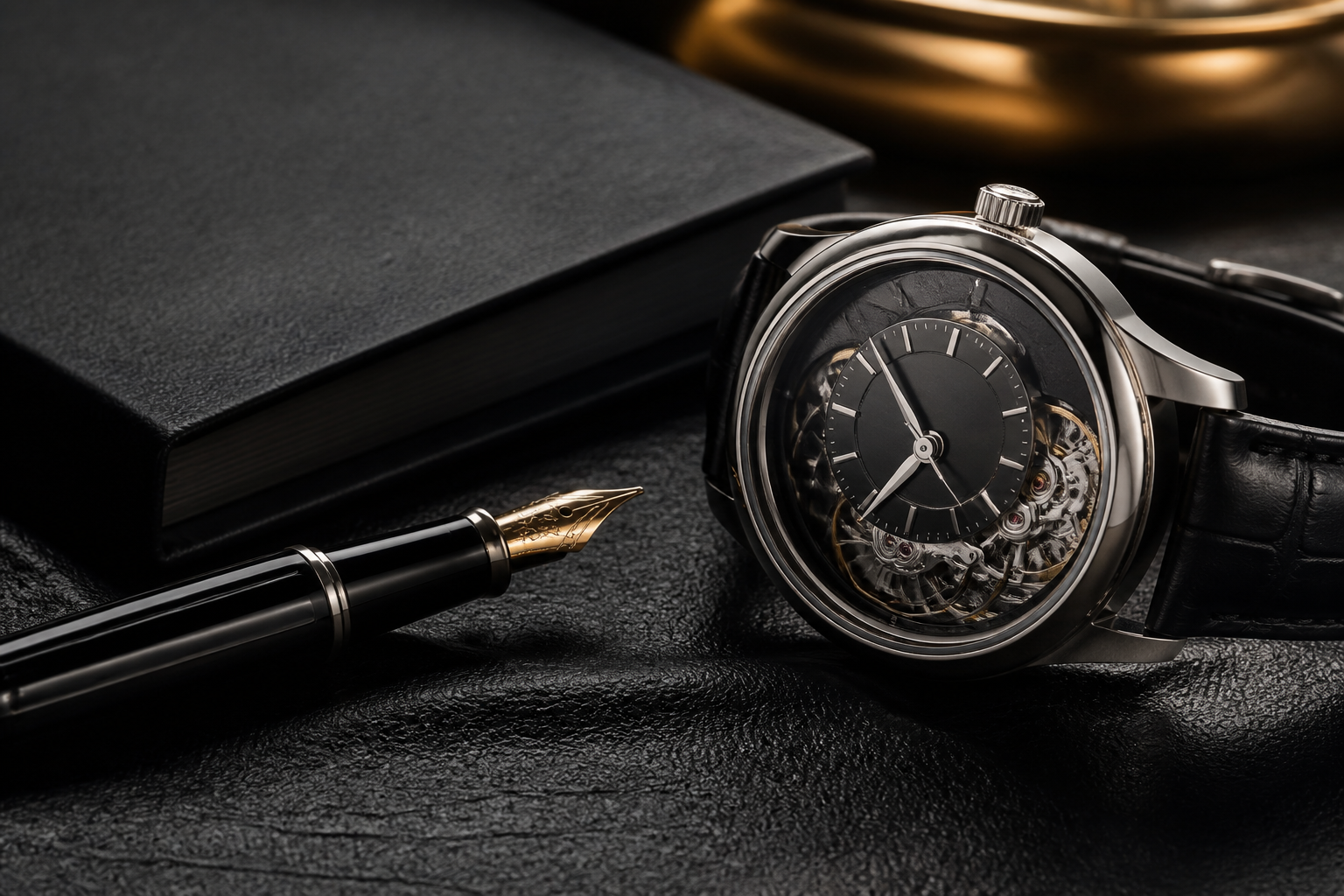 Quiet desk detail: watch, pen, and notebook